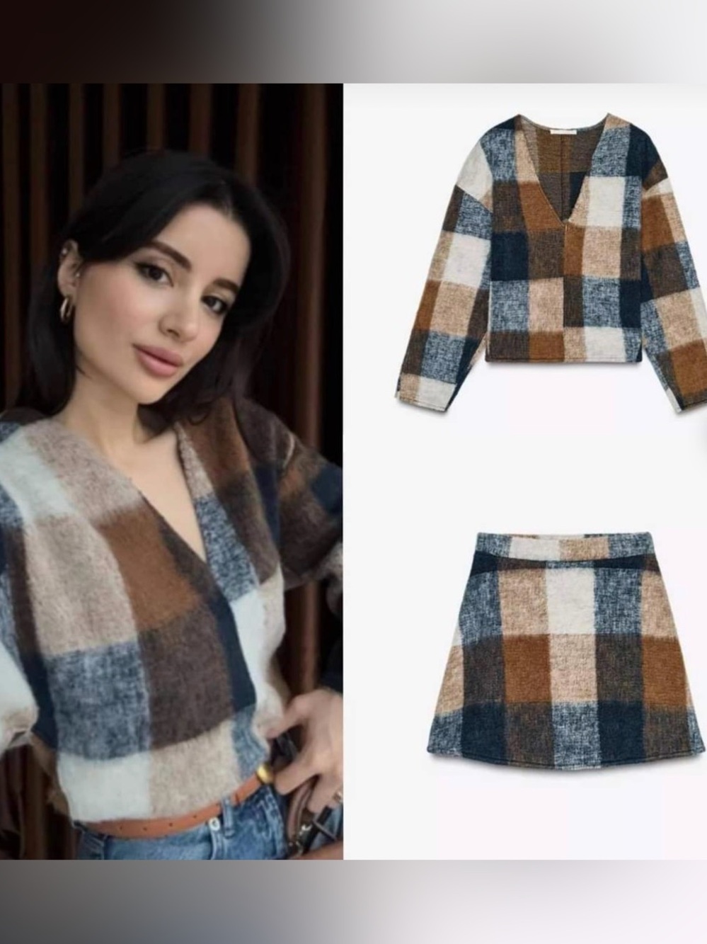 Zara Brown Blue White Plaid Mini Skirt